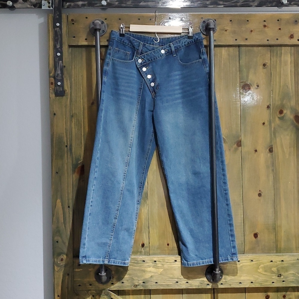 MANFINITY DIAGONAL BUTTON FLY DENIM JEANS  Y2K BAGGY HIP HOP SIZE SMALL 36